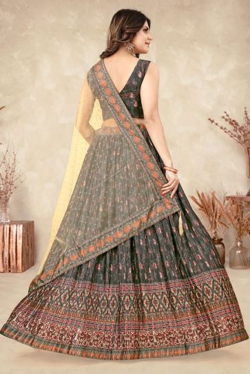 Olive Color Function Look Chinon Fabric Digital Printed And Crushed Work Lehenga