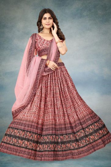 Function Wear Chinon Fabric Pink Color Digital Printed And Crushed Work Lehenga