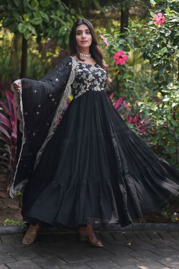 Radiant Black Color Viscose Fabric Readymade Gown With Dupatta