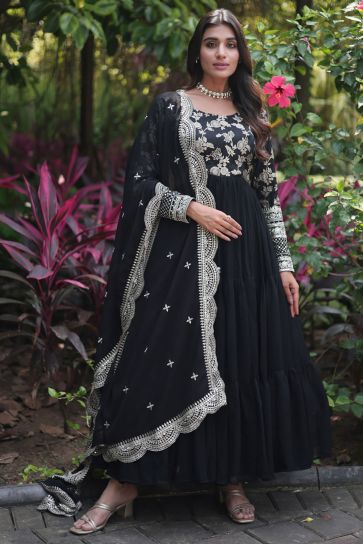 Radiant Black Color Viscose Fabric Readymade Gown With Dupatta