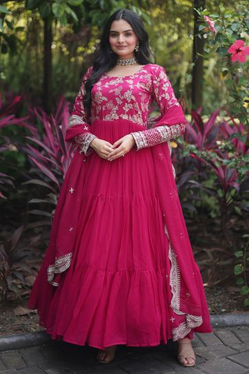 Blazing Pink Color Viscose Fabric Readymade Gown With Dupatta
