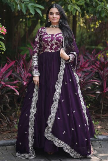 Graceful Wine Color Viscose Fabric Readymade Gown With Dupatta