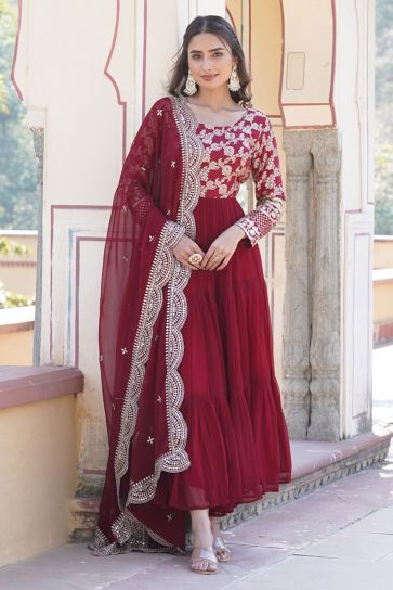 Enticing Maroon Color Viscose Fabric Readymade Gown With Dupatta
