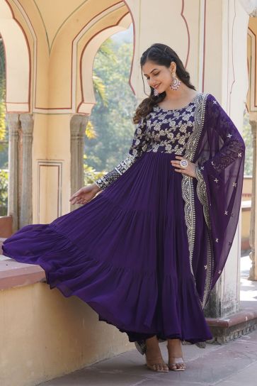 Glorious Purple Color Viscose Fabric Readymade Gown With Dupatta