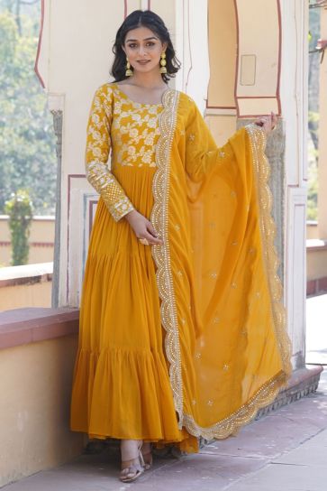 Attractive Yellow Color Viscose Fabric Readymade Gown With Dupatta
