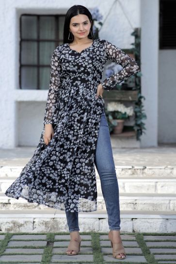 Black abstract-style floral printed 3/4th sleeve & Chinese collar cotton  a-line below-knee kurti