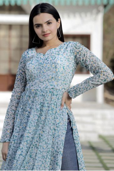 Charming Off White Color Fancy Fabric Readymade Digital Printed Kurti