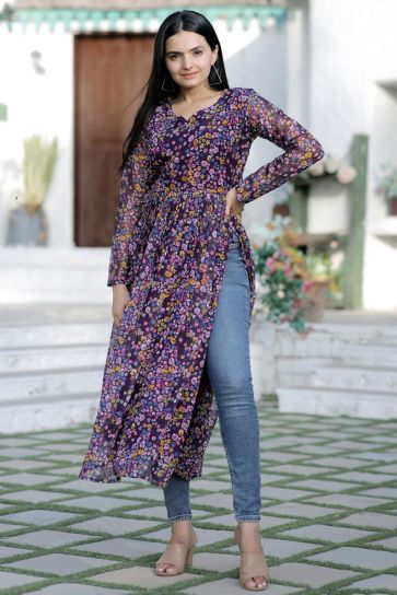 Buy Lavender Floral Collar Flare Kurti Online in India -Beyoung