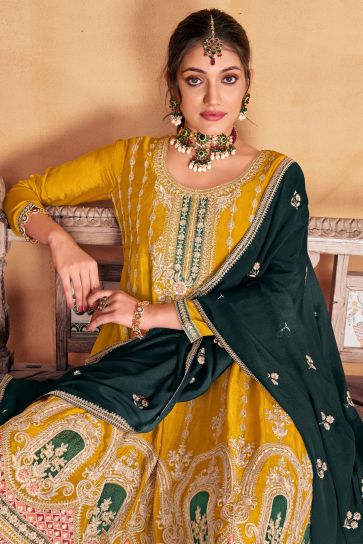 Chinon Fabric Yellow Color Fantastic Function Wear Readymade Palazzo Suit