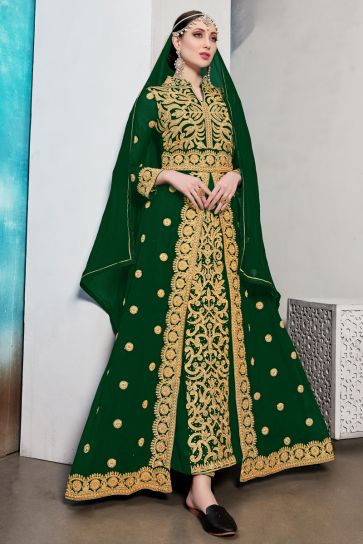 Georgette Fabric Sober Function Wear Anarkali Suit In Green Color With Embroidered Work