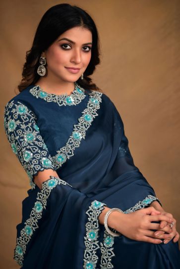 Navy Blue Color Fancy Fabric Embroidered Saree With Designer Blouse