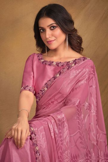 Attractive Pink Color Fancy Fabric Embroidered Saree With Designer Blouse