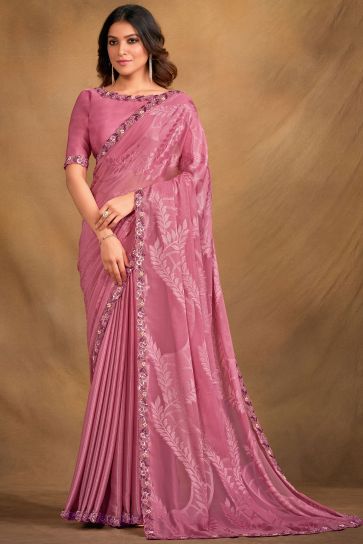 Attractive Pink Color Fancy Fabric Embroidered Saree With Designer Blouse