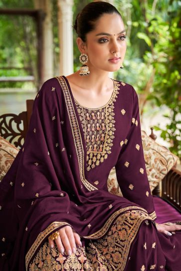 Purple Color Art Silk Fabric Function Wear Awesome Palazzo Suit