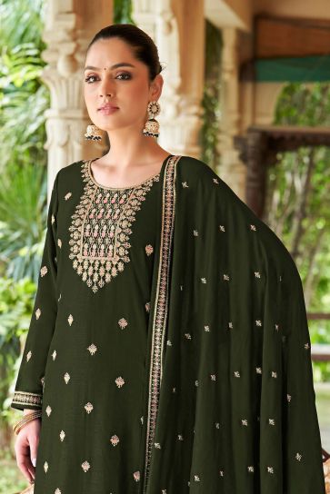 Art Silk Fabric Function Wear Beatific Palazzo Suit In Mehendi Green Color
