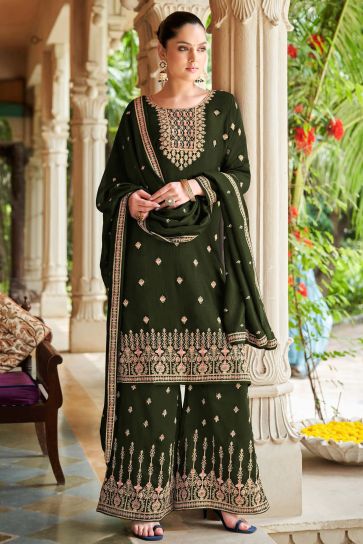 Art Silk Fabric Function Wear Beatific Palazzo Suit In Mehendi Green Color