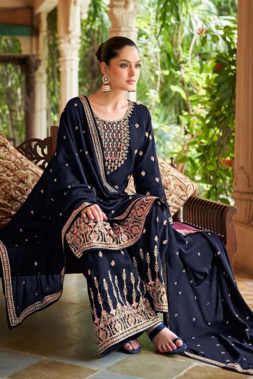 Navy Blue Color Art Silk Fabric Adorming Function Wear Palazzo Suit