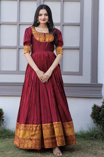 Jacquard Weaving Riveting Silk Gown In Maroon Color