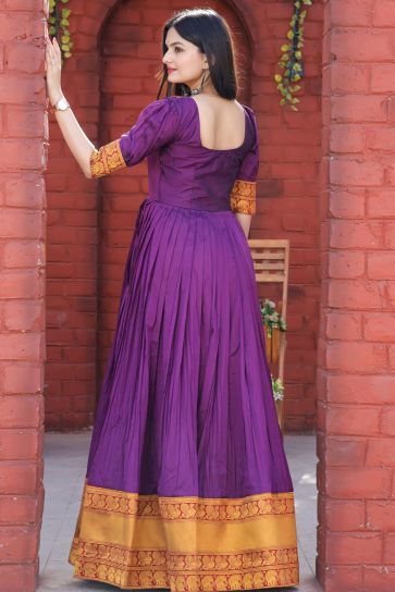Purple Color Jacquard Weaving Adorning Silk Gown