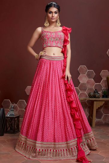Pink Color Sangeet Wear Embroidered Work Art Silk Fabric Lehenga Choli With Dupatta