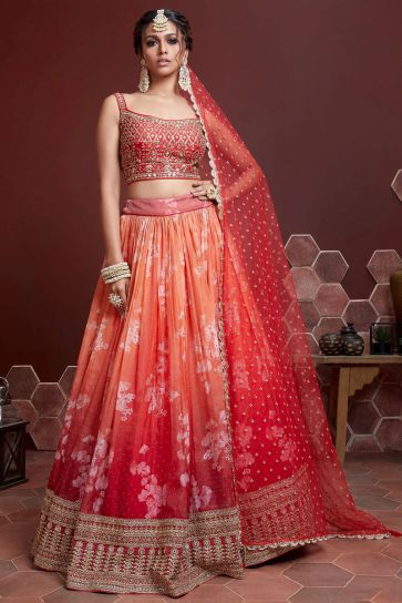 Art Silk Fabric Sangeet Wear Orange Color Digital Printed Work Lehenga With Beautiful Net Dupatta