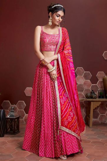 Art Silk Fabric Sangeet Wear Pink Color Embroidered Work Lehenga With Chinon Dupatta