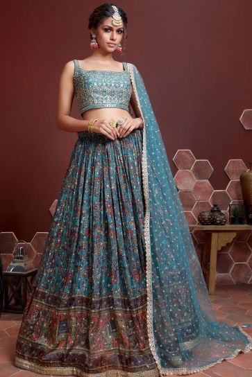 Sangeet Wear Sky Blue Color Digital Printed Lehenga In Art Silk Fabric