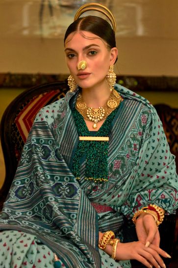 Green Smoothy Printed Patola Silk Saree with Designer Border