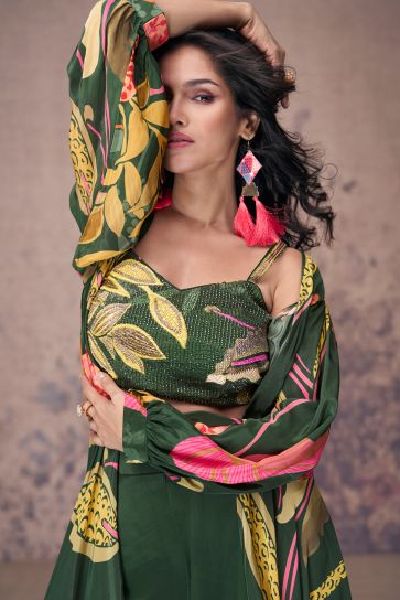 Vartika Singh Crepe Silk Green Color Glamorous Readymade Palazzo Suit With Koti
