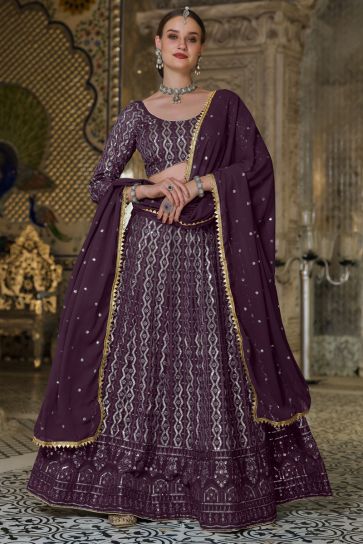 Purple Color Georgette Fabric Sangeet Wear Embroidered Ravishing Lehenga