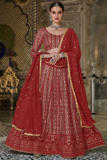 Georgette Fabric Sangeet Wear Embroidered Magnificent Lehenga In Red Color