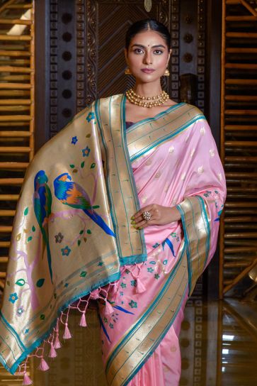 Pink Color Attractive Paithani Silk Weaving Work Saree