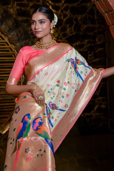 Wonderful Paithani Silk Weaving Work Saree In Cream Color