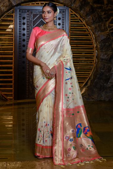 Wonderful Paithani Silk Weaving Work Saree In Cream Color