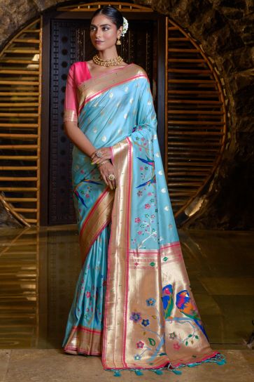 Fantastic Paithani Silk Weaving Work Saree In Sky Blue Color