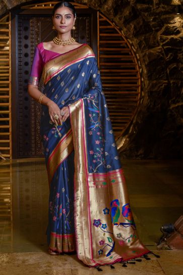 Awesome Paithani Silk Weaving Work Saree In Navy Blue Color