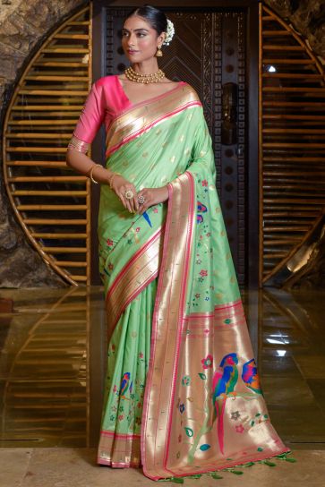 Stunning Paithani Silk Weaving Work Saree In Sea Green Color