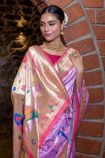 Lavender Color Ingenious Paithani Silk Weaving Work Saree