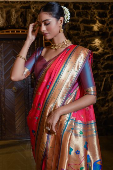 Rani Color Delicate Paithani Silk Weaving Work Saree