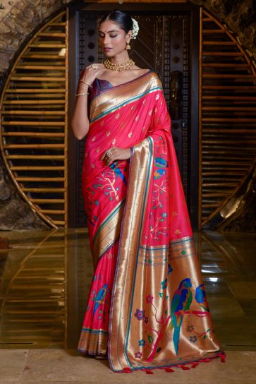 Rani Color Delicate Paithani Silk Weaving Work Saree