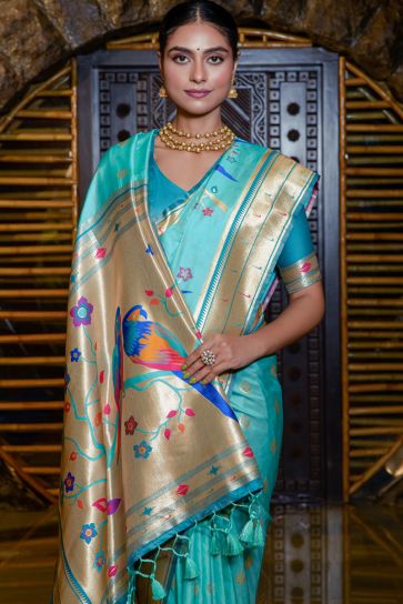Brilliant Paithani Silk Weaving Work Saree In Light Cyan Color