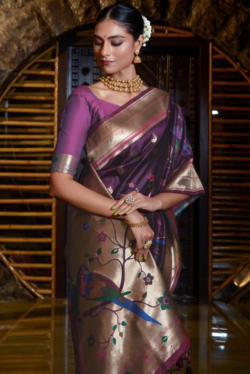Wine Color Soothing Paithani Silk Weaving Work Saree
