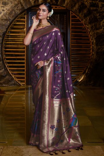 Wine Color Soothing Paithani Silk Weaving Work Saree