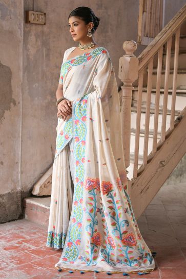 Cotton Fabric Cream Color Handloom Woven Saree