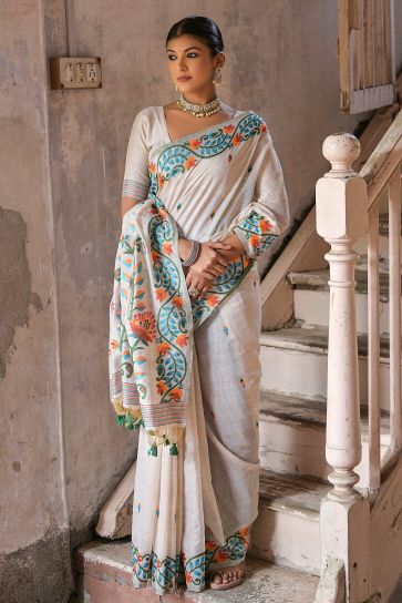 Cream Cotton Fabric Fancy Handloom Woven Saree
