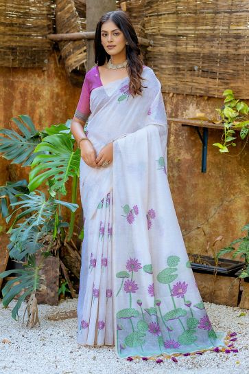 Off White Cotton Kasavu Saree With Golden And Silver Zari Borders at Soch-sieuthinhanong.vn