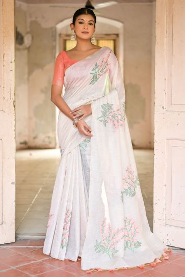 Adorable Cream Color Casual Muga Cotton Fabric Weaving Work Design Saree