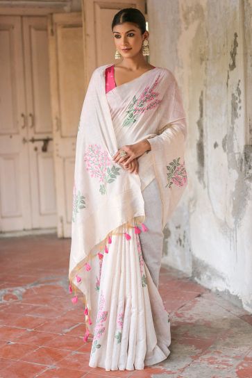 Cream Muga Cotton Fabric Casual Simple Weaving Work Saree