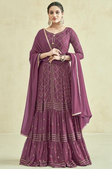 Embroidered Wine Color Wedding Wear Readymade Long Anarkali Style Gown In Georgette Fabric