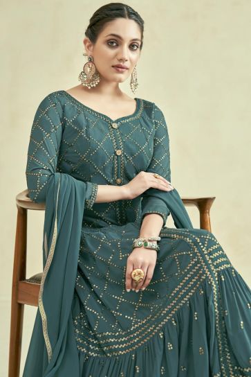 Georgette Fabric Reception Wear Embroidered Readymade Long Anarkali Style Gown In Green Color